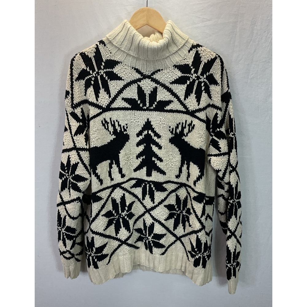 VTG Hand Knit Ralph Lauren Fair Isle turtleneck Sweater Size XL Silk Linen Moose